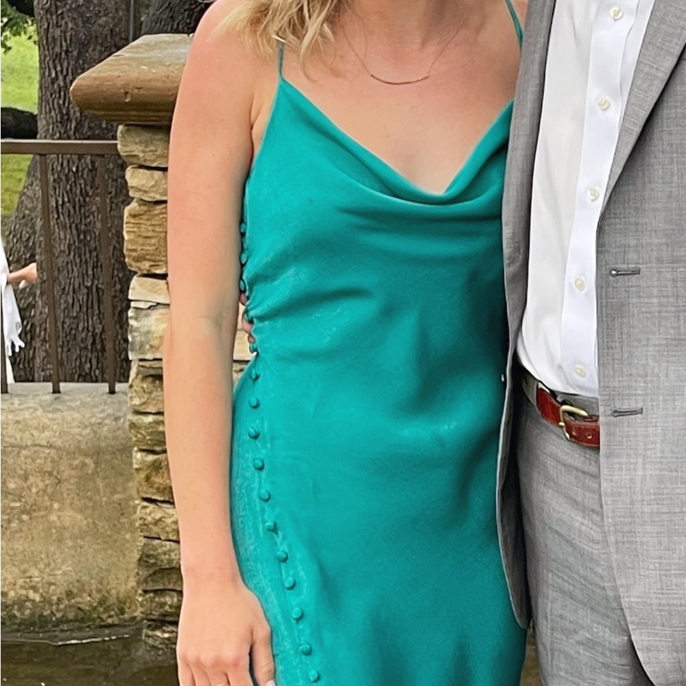 Zara Slip Satin Midi Dress Teal Turquoise Button Detail Size XS